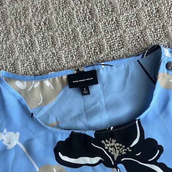 WHO WHAT WEAR Small S Semi Sheer Blue Tan Floral Tank Top Sleeveless Blouse - Picture 4 of 9